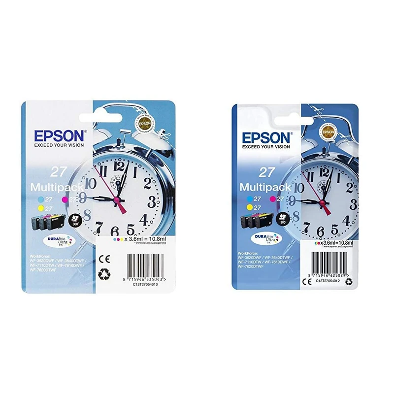 EPSON Alarm Clocks Ink Cartridge for WF-3620DWF Series, Yellow/Magenta/Cyan &Alarm Clock No.27 Series Standard Ink Cartridge, Multi-Coloured, Pack of 3, Genuine