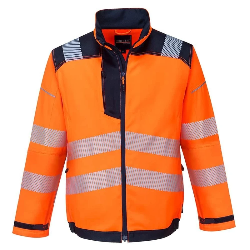 Portwest T500 PW3 Men's Hi-Vis Waterproof Jacket - Reflective High Viz Outdoor Safety Security Workwear Coat, Orange/Navy, 3XL