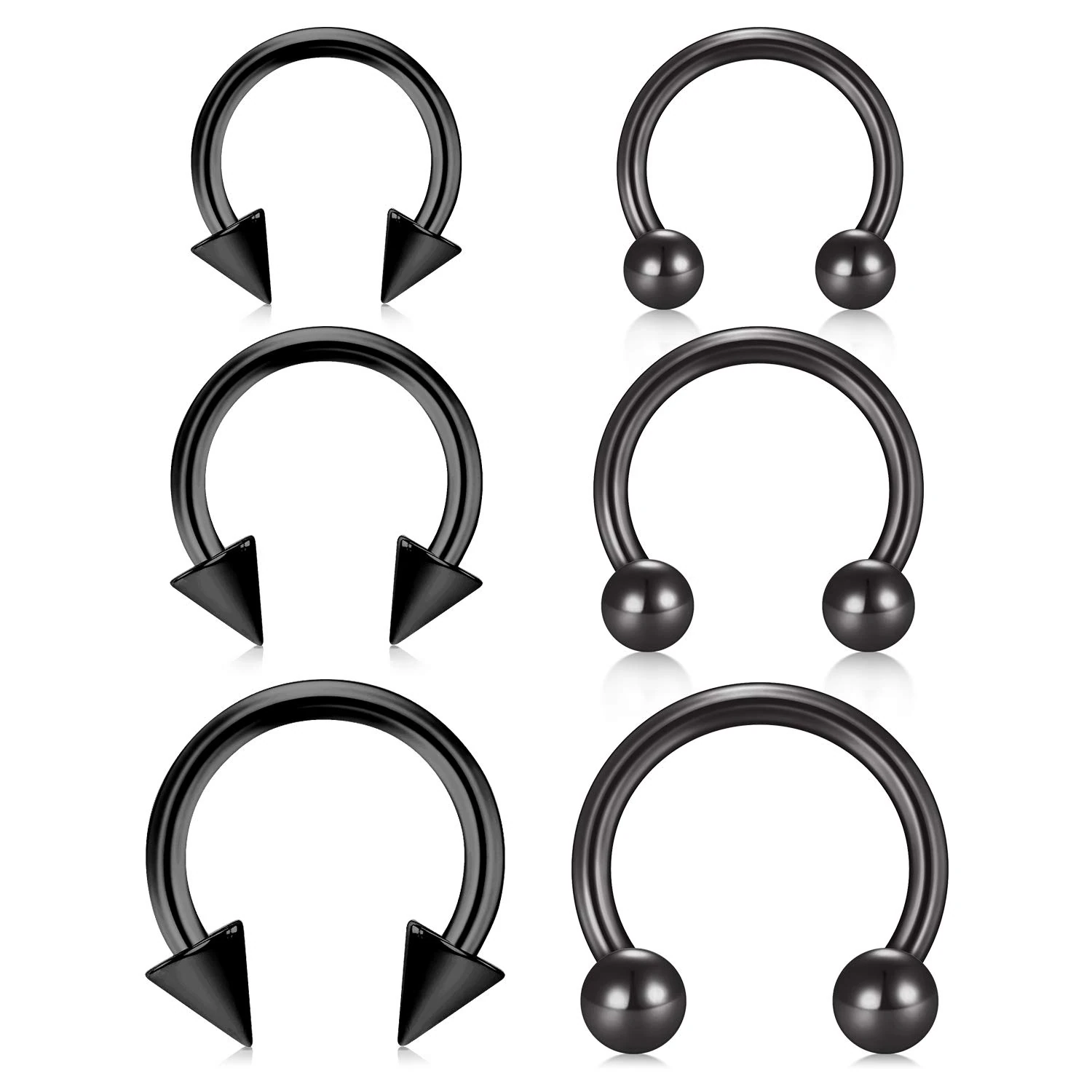 Longita 6PCS 16G Stainless Steel Horseshoe Nose Hoop Rings Eyebrow Lip Ear Rings Tragus Earrings Septum Piercing Ear Helix Cartilage Daith Conch Body Piercing Jewellery Dia 8-12mm-Black