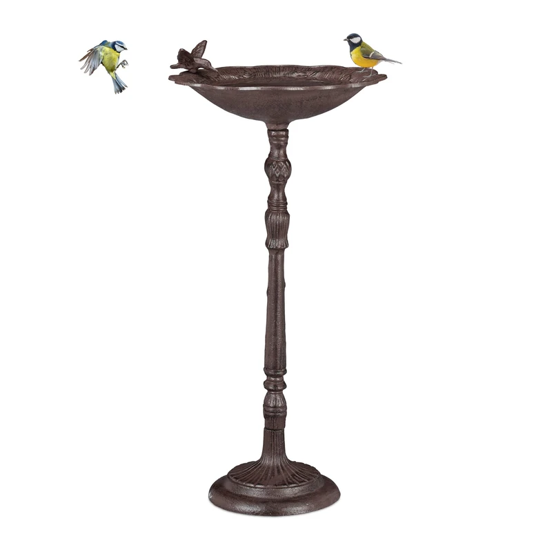 Relaxdays Cast Iron Bird Bath with Stand, Garden Decor, Bird Feeder, Water Bowl, 74.5 cm Tall, Brown