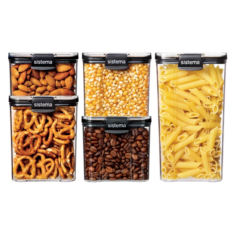Sistema Ultra Square Airtight Pantry Storage Containers | Assorted Capacity Food Storage Solution | Stackable | Locking Clips | BPA-Free | Clear with Black Accents | 5 Count