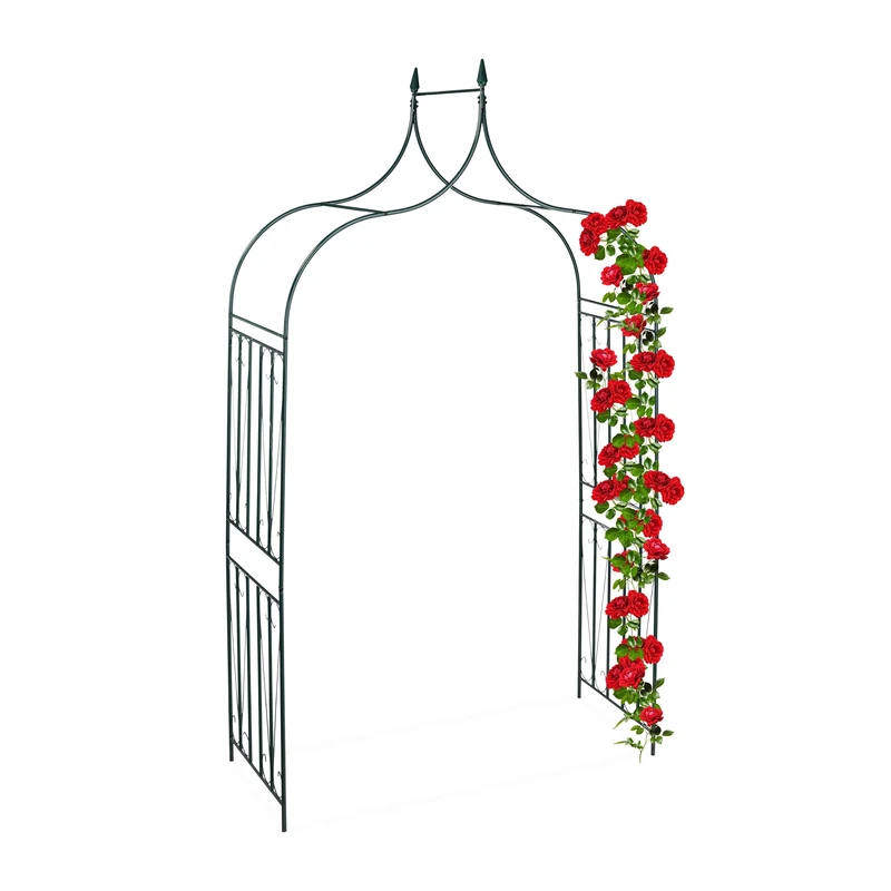 Relaxdays Rose Arch with Gate, Garden Growth Support, Metal Trellis, Weatherproof, HWD 270 x 144 x 60 cm, Dark Green