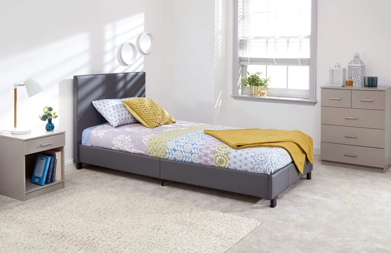 GFW Faux Leather Bed Frame With Padded Headboard H Stitch Design, Double, Grey