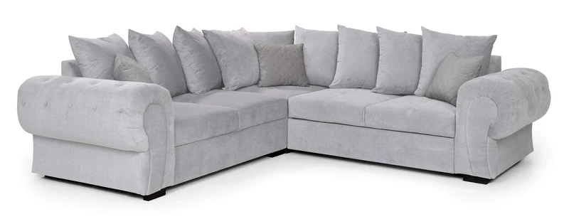 Sofas and More Corner Sofa Bed Horizon Light Grey Velour Fabric Full Back Scatter Cushions (Scatter Cushions)