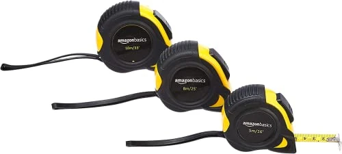 Amazon Basics Self-Locking Tape Measure Set - (8-Meters), (5-Meters), and (10-Meters), Scale, MID Accuracy, 3-Pack, Yellow