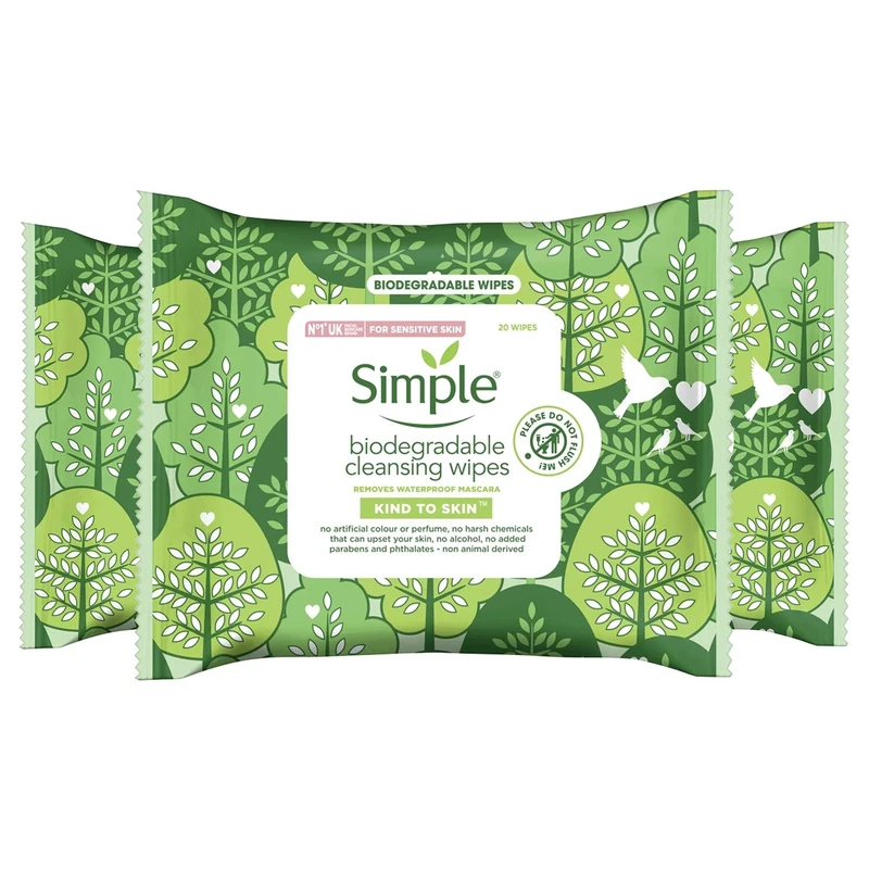 Simple Kind To Skin, Biodegradable Cleansing Make Up Remover Face Wipes For Women, Perfect for Sensitive Skin 1 Months Supply (6 Packs Of 20 Wipes)