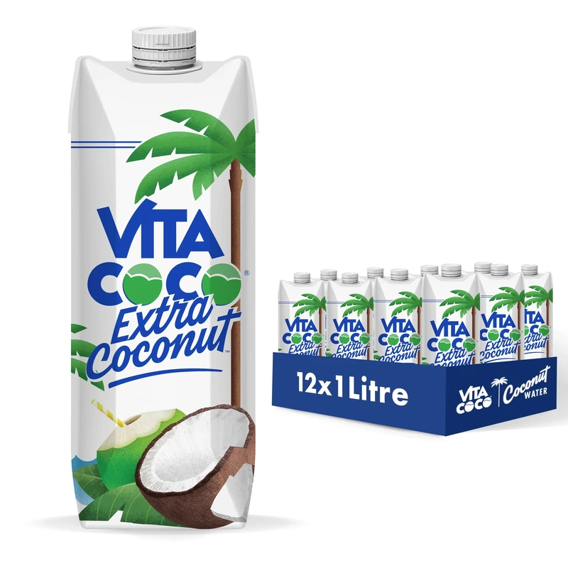 Vita Coco Extra Coconut Water 1 Litre x 12, Pressed Coconut Water, Coconut Taste, Gluten Free, Full of Vitamin C and Potassium
