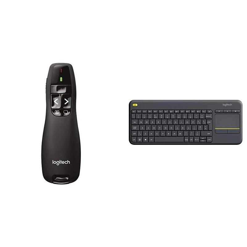 Logitech R400 Wireless Presenter/Presentation Clicker, Intuitive Slideshow Control, Black & K400 Plus Wireless Touch Keyboard for Windows, Android and Chrome - QWERTY, UK Layout, Black