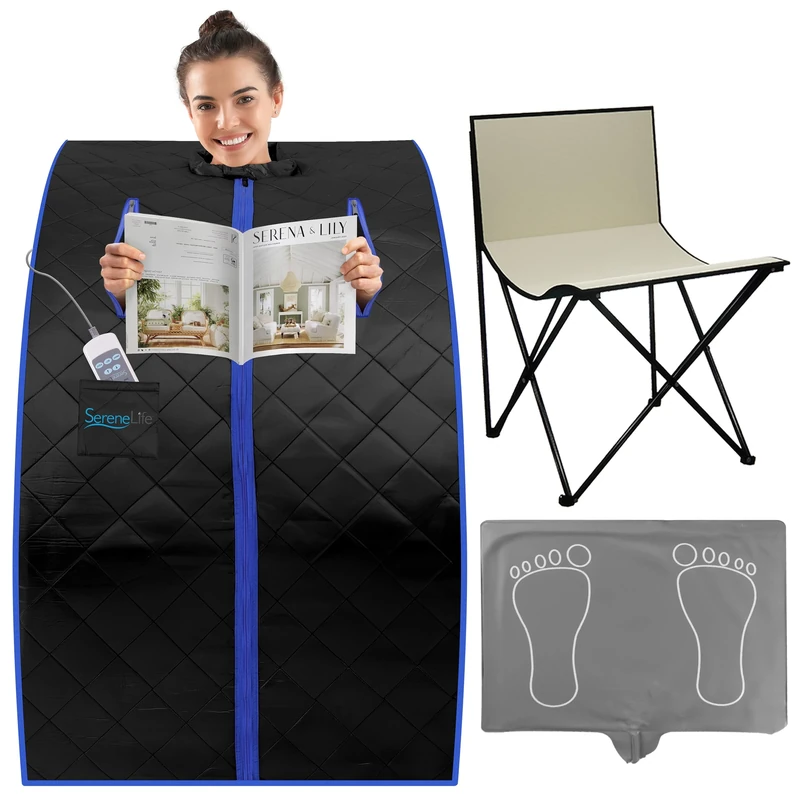SereneLife Oversize Portable Infrared Home Spa | One Person Sauna | with Heating Foot Pad & Portable Chair | SLISAU20BK | Black