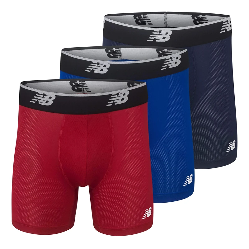 New Balance Men's Mesh 5" No Fly Boxer Brief, 3-Pack, Team Red/Pigment/Team Royal, Small