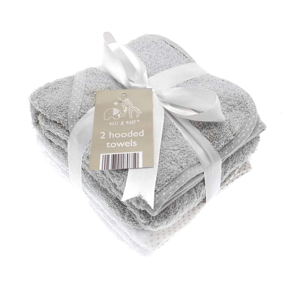 Pack of 2 white and Grey Elli and Raff Baby Hooded Bath Time Towel 100% Cotton Baby Gift