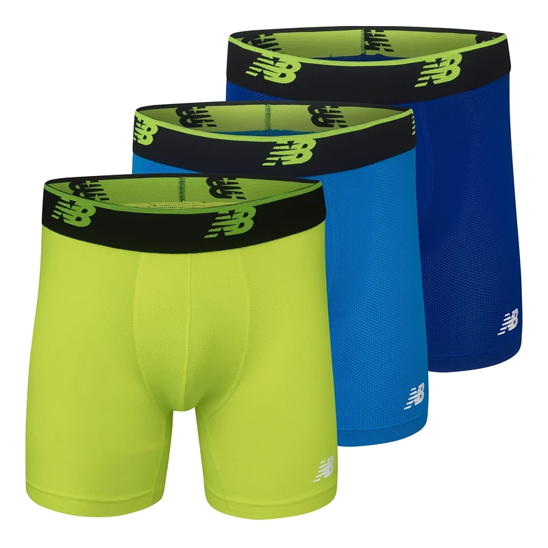 New Balance Men's Mesh 5" No Fly Boxer Brief, Athletic Compression Underwear (3 Pack), Team Royal/Hi-Lite/Bolt, Medium