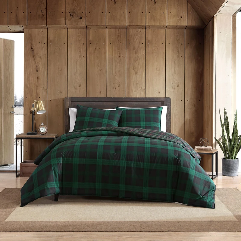 Eddie Bauer | 100% Cotton Soft & Cozy Premium Quality Plaid Reversible Comforter with Matching Shams, 3-Piece Bedding Set, Green, Full/Queen