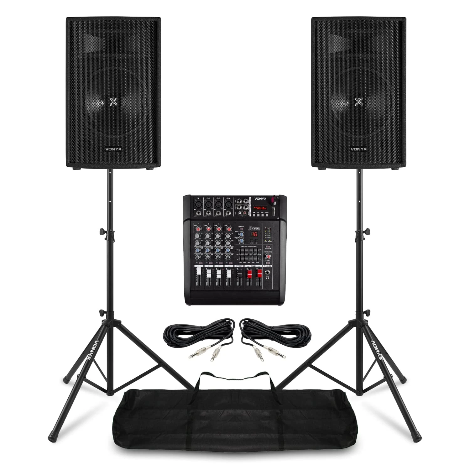 Complete 12" Passive Speakers, Powered Mixer, Stands & Cables for Live Music, Singers and Events, Bluetooth, DSP, 5 Channels, 2x 600W Speakers, Dual 500W Mixer, Speaker Stands, and 6m Cables