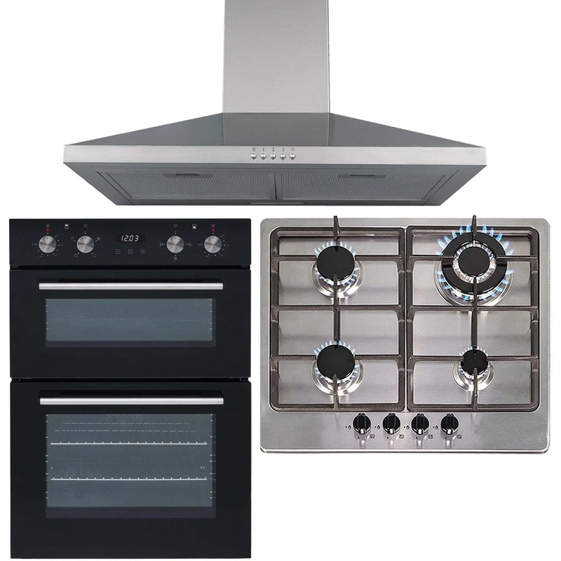 SIA 60cm Built-In Double Oven, Stainless Steel 4 Burner Hob & Cooker Hood