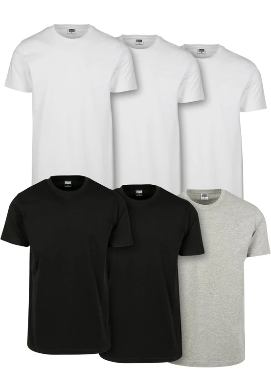 URBAN CLASSICS Set of 6 Stretch T-Shirt with Round Neckline, 6 Pack Basic Tee, Short-Sleeve Elastic Men's T-Shirt, Regular Fit, 100% Jersey Cotton, Colour: White/Black/Grey, Size: 5X-Large