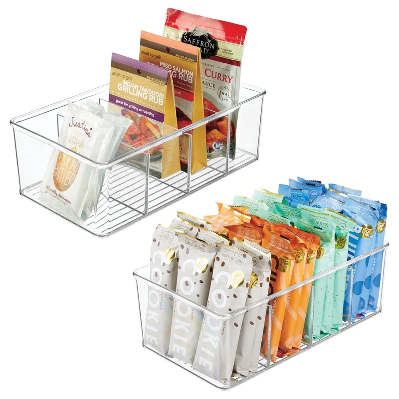 Zeilako mDesign Stackable Storage Box (Set of 2) - Practical Plastic Storage Basket with 4 Compartments - Modern Kitchen Storage for Soups, Bags, Spices etc - Clear