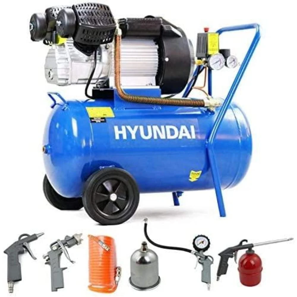 Hyundai 50 Litre Portable Air Compressor, 2.2kW, 116psi/14CFM, 3HP Air Compressor, Direct Drive V-Twin with 5 Piece Tool kit, Euro Quick Release Fittings, 2 Year Warranty Blue