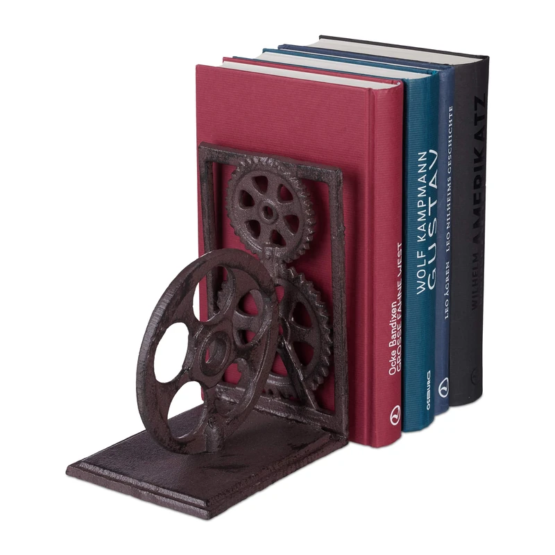Relaxdays Retro Bookend, Cast Iron, Book Support, Gears, Reel, Decor HxWxD: 16 x 13 x 10 cm, Brown