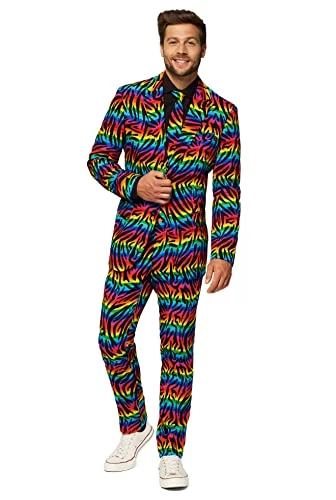 OppoSuits Men's Crazy Prom Suits Wild Rainbow – Comes with Jacket, Pants and Tie in Funny Designs, Multicoloured, 50