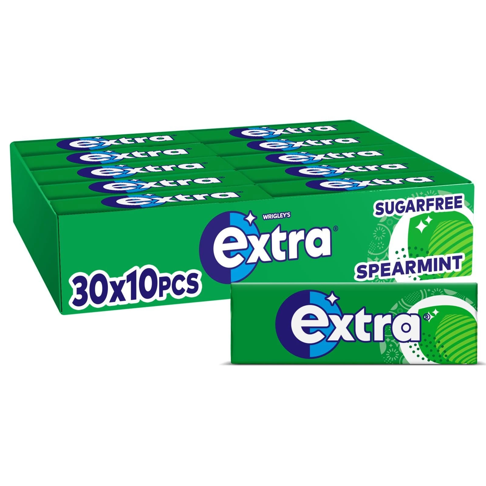 Wrigley's Extra Chewing Gum, Spearmint Flavour, 30 Packs of 10 Pieces, Sugar Free Chewing Gum Bulk Pack with Xylitol (300 pieces)