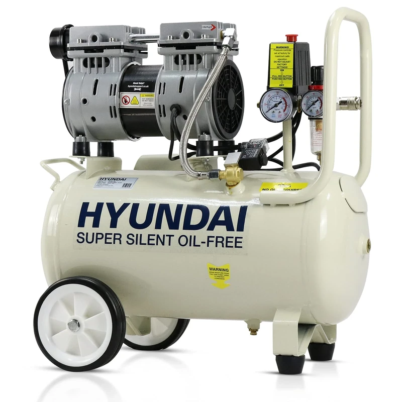 Hyundai HY7524 24 Litre Air Compressor, 5.2cfm/100psi, Silenced, Oil Free, 750w / 230v Direct Drive, 150 litres Per Minute Low Noise Air Compressor, 2 Year Warranty, White