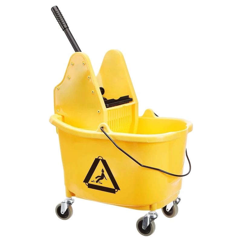 Amazon Basics Rectangular Kentucky Mop Bucket with Durable Wheels and Down Press Wringer Combo, 33 liters, Yellow
