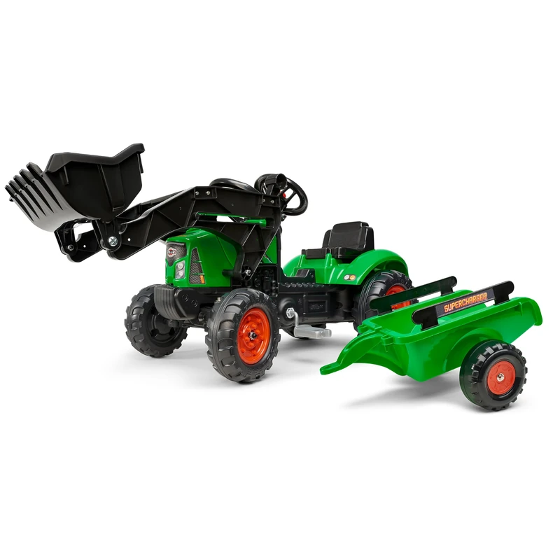 FALK - Supercharger pedal backhoe - Green - with opening hood - Front excavator and trailer - Made in France - From 2 years old - 2031M