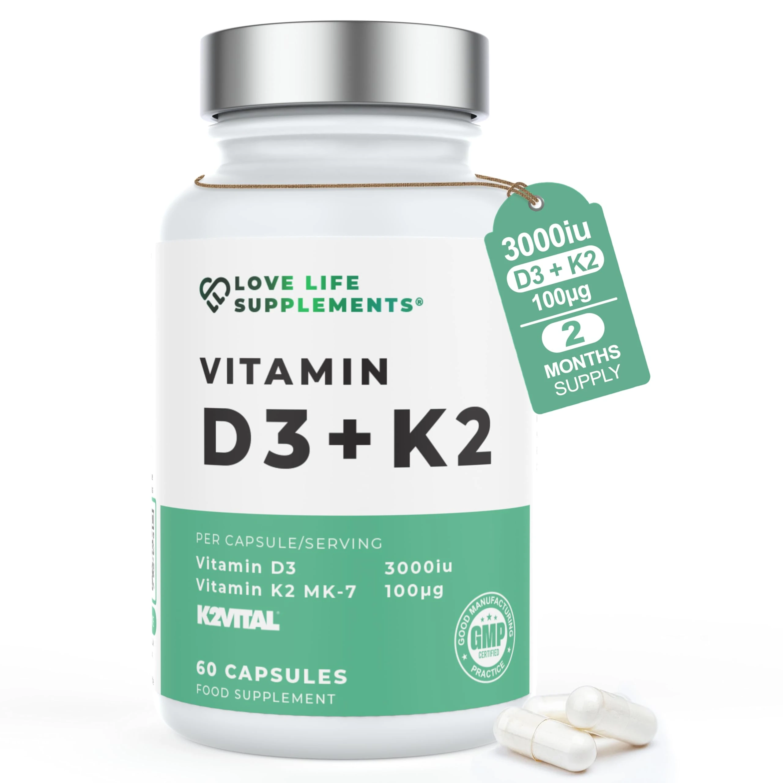 Vitamin D3 K2 and MCT Powder for Superior Absorption | Includes K2VITAL® MK-7 - A Premium Form of K2 | 60 Capsules | 3000iu D3 + 100μg K2 | Love Life Supplements - Premium UK Supplements