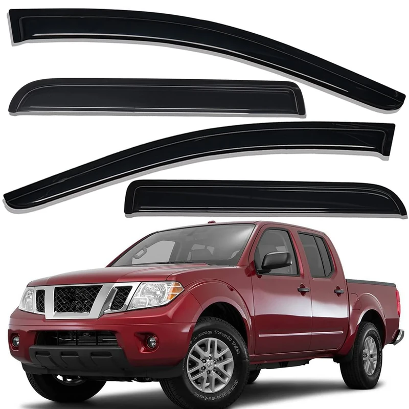 Lightronic WV94407 Tape-on Side Window Visor Deflector Rain Guard, Dark Smoke Shatterproof, 4 PCS Set for 2005-2020 Nissan Frontier & Navara Crew Cab