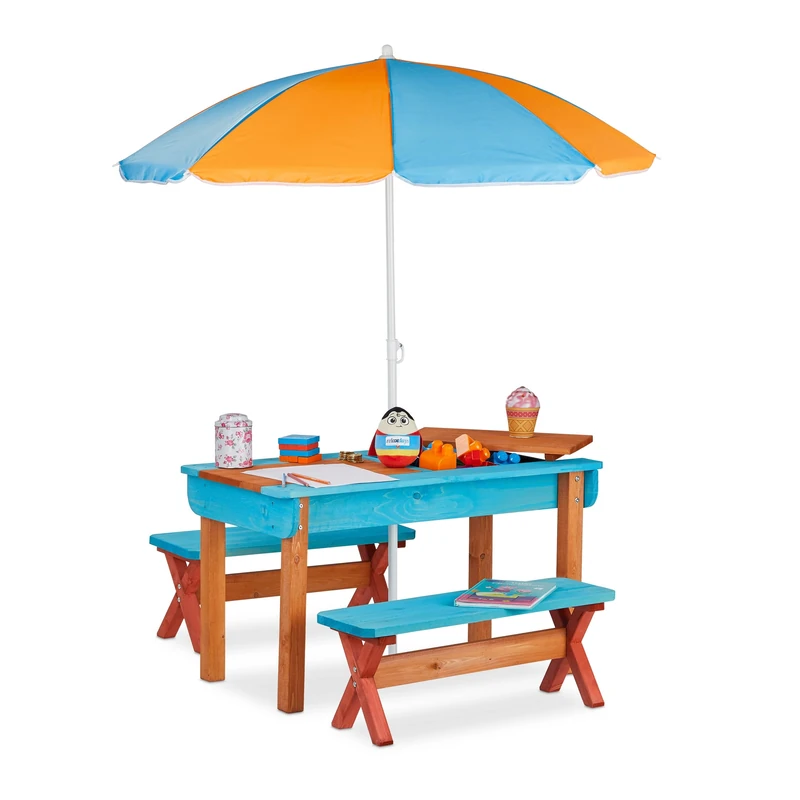 Relaxdays Garden Picnic Table Set, Wood, Play Table, 2x Bench, Parasol, Outdoor Kids Furniture, Colourful