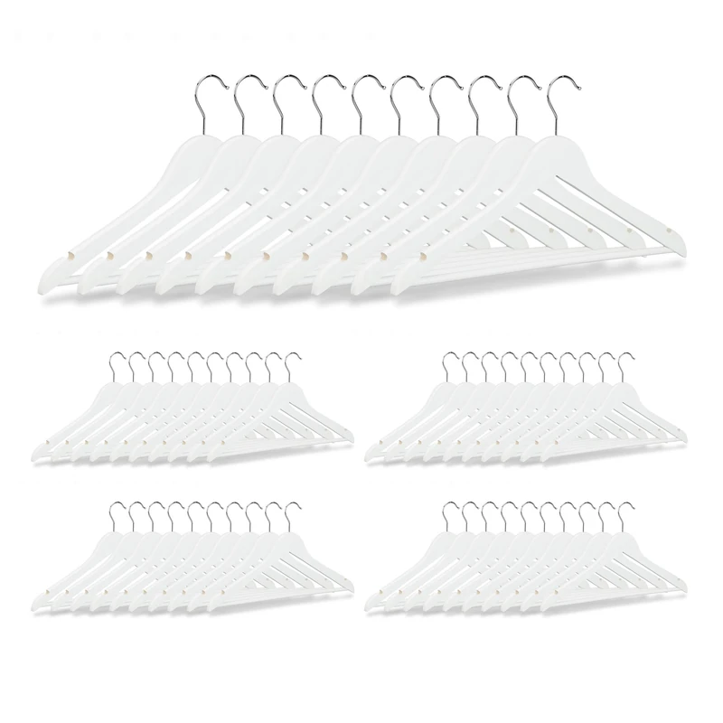 Relaxdays Wooden Clothes Hanger Set of 50, Pants Rail, Skirts, Dresses, Jackets, 360° Swivel Hook, White, Wood, one size