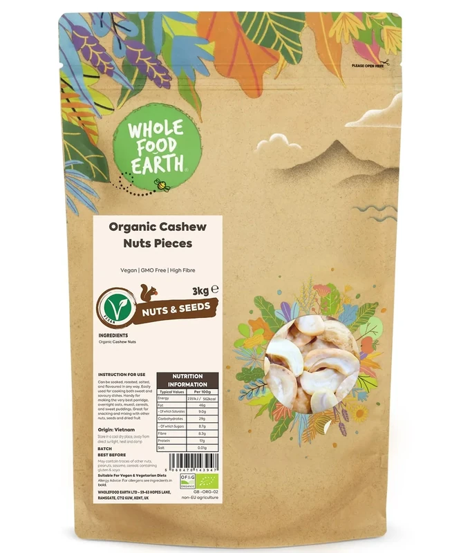 Wholefood Earth Organic Cashew Nuts Pieces 3kg Vegan | GMO Free | High Fibre | Certified Organic