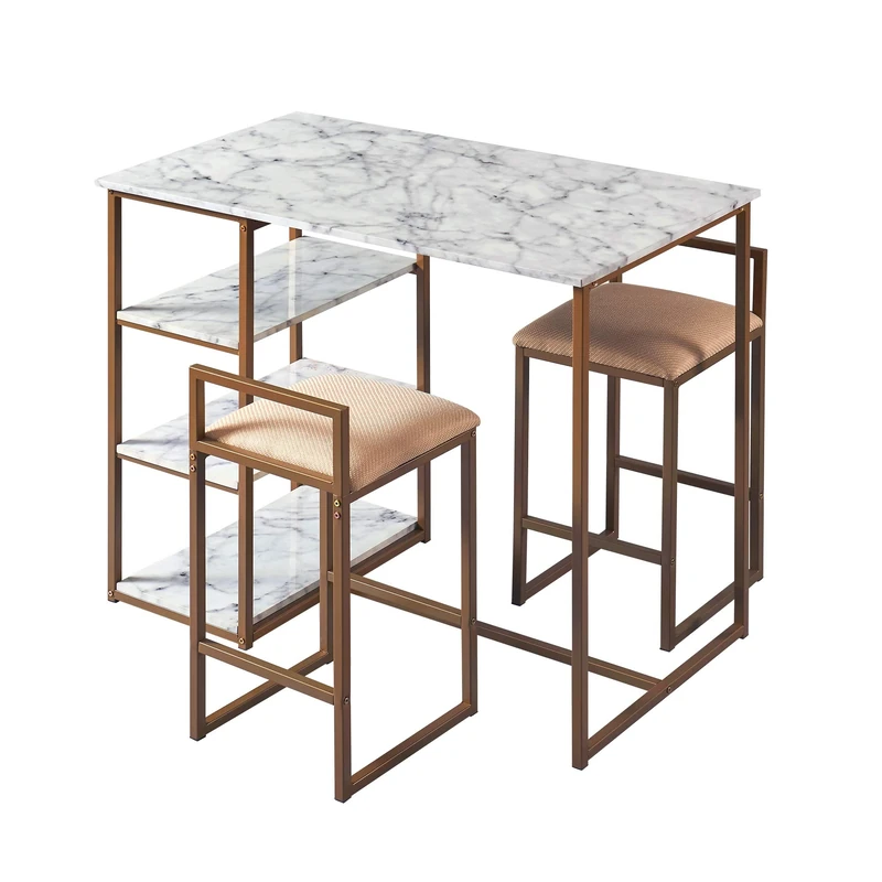 VERSANORA Teamson Home Marmo 3 Pieces Breakfast Dining Set, Bar Table & 2 Padded Stool Chairs with Storage, Faux White Marble Tabletop & Gold-Brass Finish Legs