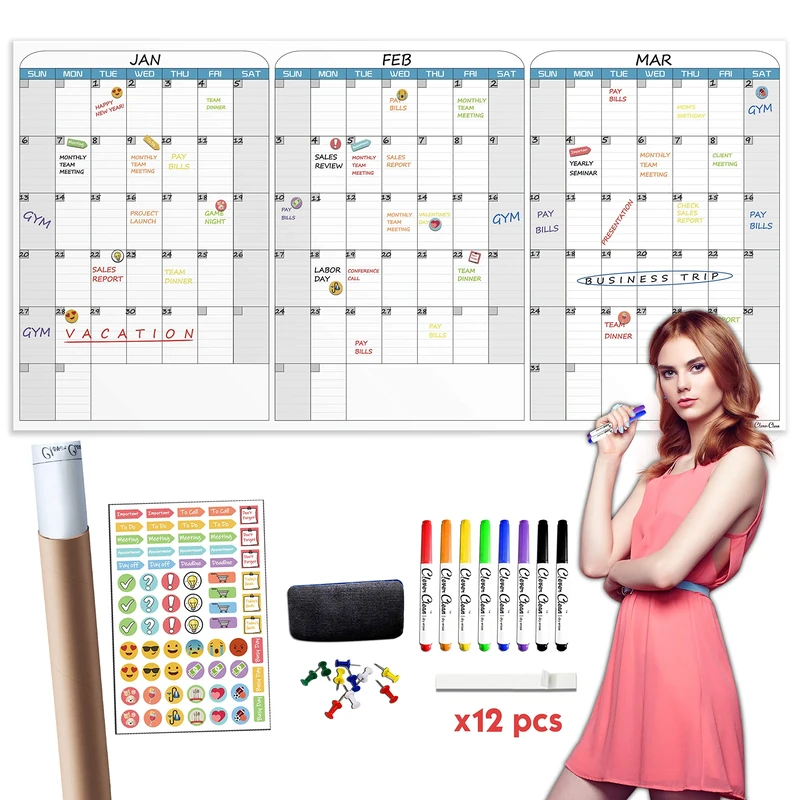 CLEVER CLEAN Large Dry Erase Wall Calendar - 36"x72" Undated 3-Month Calendar for Home, School, Office Projects - Jumbo Reusable Task Organizer