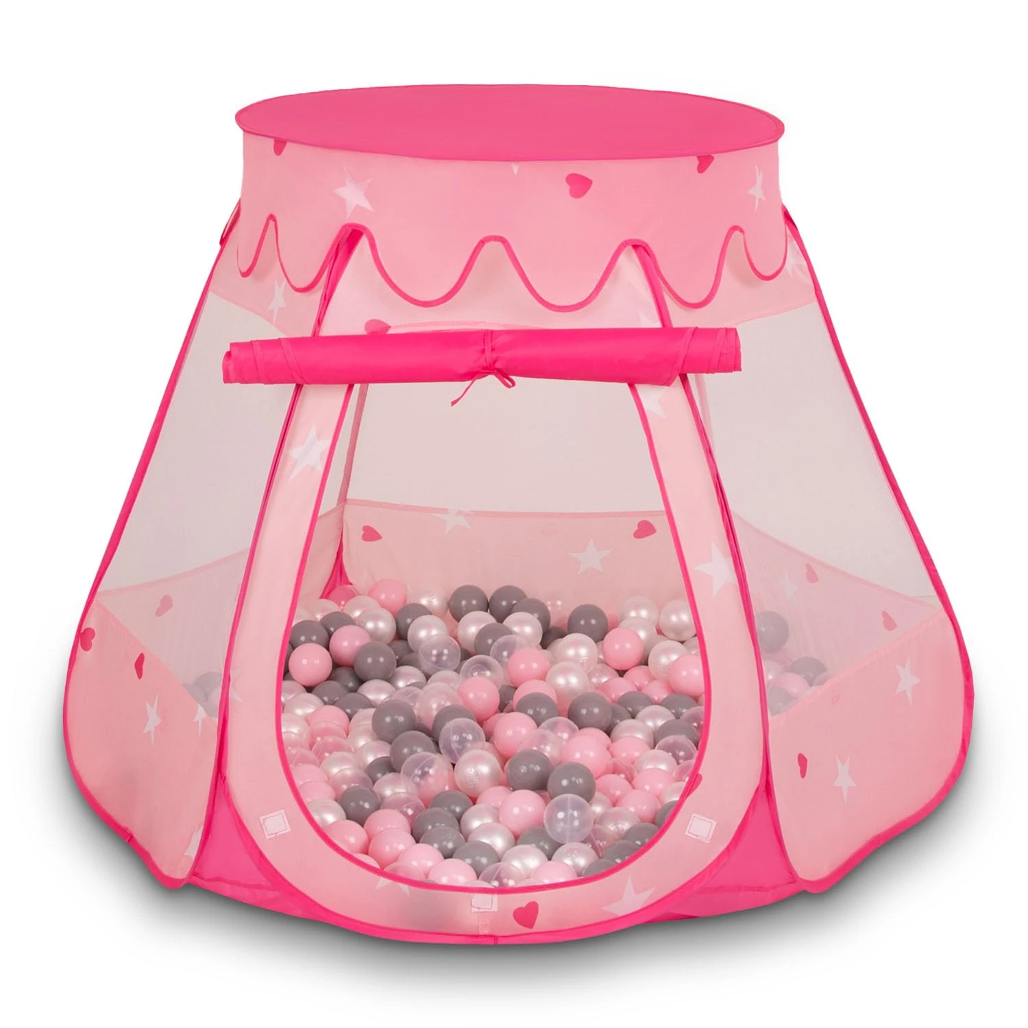 Selonis Play Tent 105X90cm/300 Balls Castle House Pop Up Ballpit Plastic Balls For Kids, Pink:Pearl-Grey-Transparent-Powder Pink