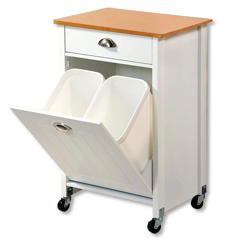 Kesper Kitchen trolley with waste separation system, material: 50 x fibreboard, plastic, dimensions: 50 x 37 x 79 cm, colour: white, brown, bamboo decoration, 25526 13