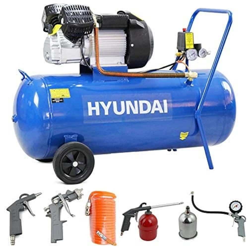 Hyundai 100 Litre Electric Air Compressor with 5 Piece Air Kit, 14CFM/116psi, Silenced, V Twin, Direct Drive 3hp, 2 Year Warranty