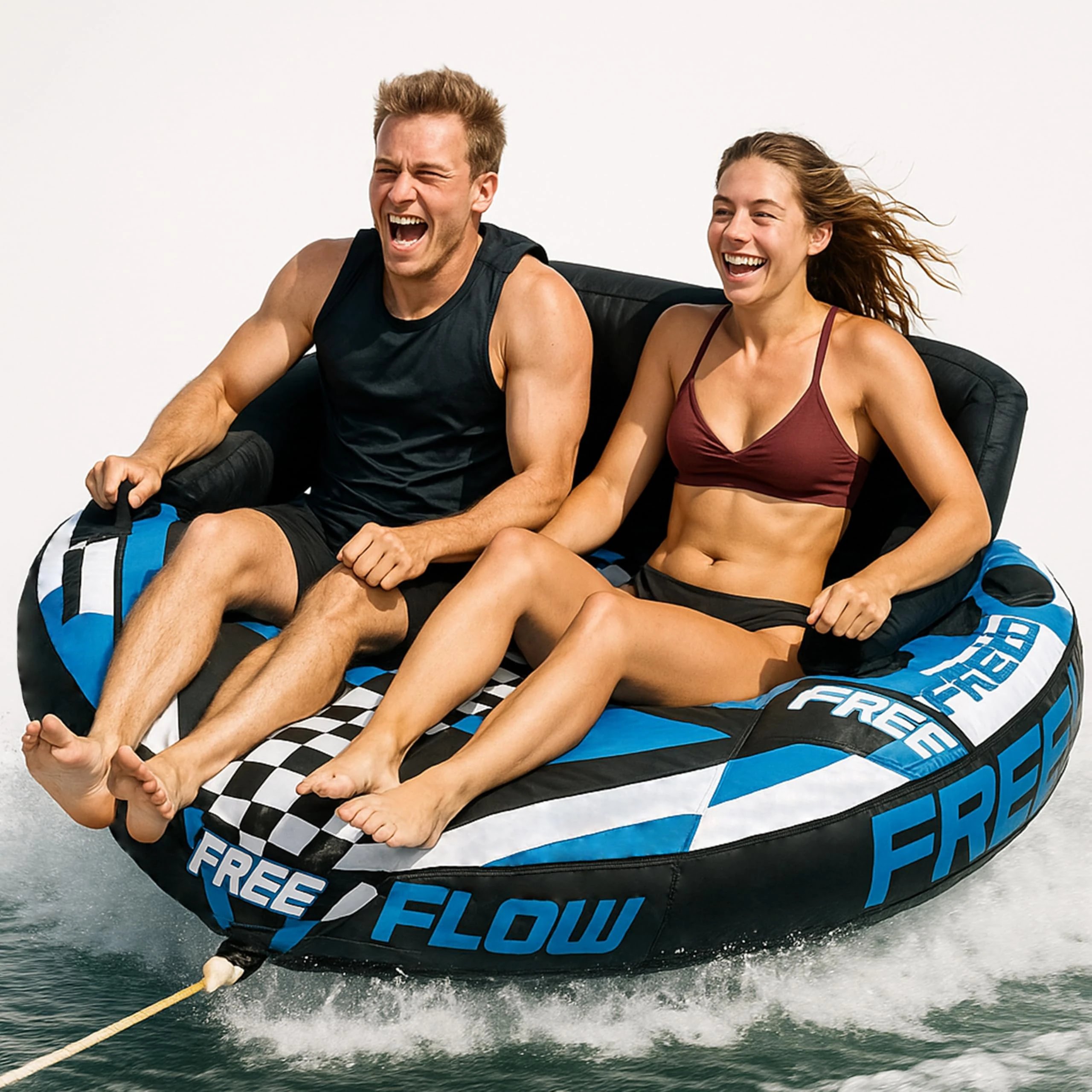 SereneLife Heavy-Duty Inflatable Towable Booster Tube, 1-2 Person Water Tube for Boating, Soft Foam Seats, Secure Grip Handles, Durable & Tear-Resistant Design- Perfect for Watersports & Lake Fun