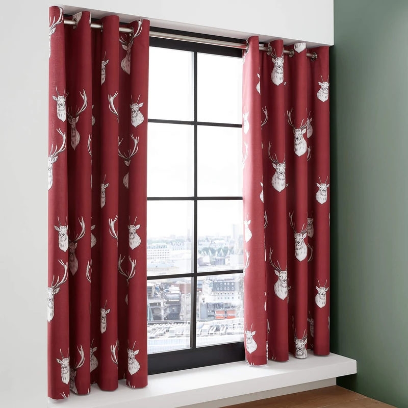 Catherine Lansfield Munro Stag Check 66x72 Inch Lined Eyelet Curtains Two Panels Red - Image 1