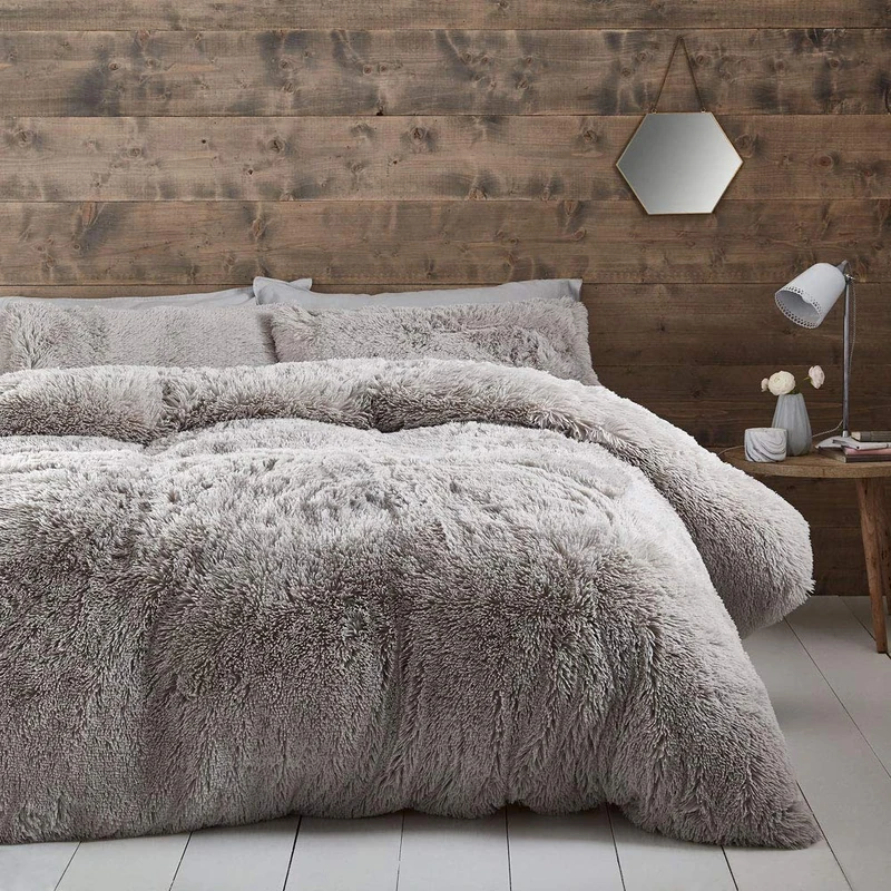 Cuddly Catherine Lansfield Deep Pile Faux Fur King Duvet Cover Set with Pillowcases Silver Grey