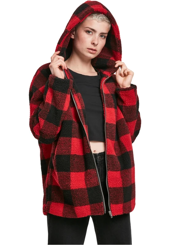 Urban Classics Women's Ladies Hooded Oversized Check Sherpa Jacket Jacket Not Applicable, Multicolour (Fire Red/Blk 01440), Large