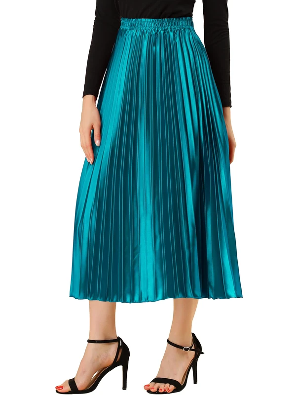 Allegra K Women's Elastic Waist Party Metallic Shiny Accordion Pleated Midi Skirt Peacock Blue M-12