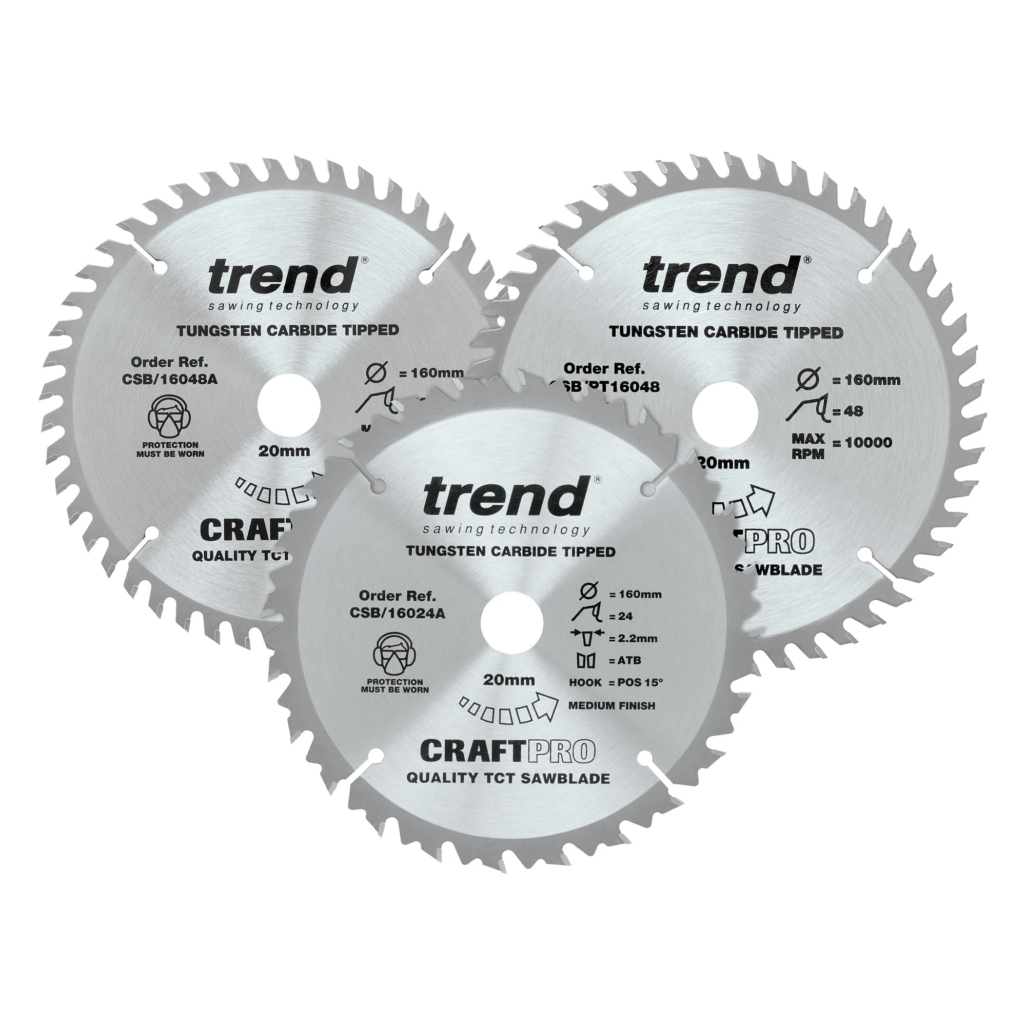 Trend Wood Circular Saw Blades, 160mm Diameter, 20mm Bore, 24/48 Teeth, 2.2mm Kerf, +15/4° Hook, TCT, Medium/Fine/S.Fine Finish, 3 Pack, CSB/160/3PK/A