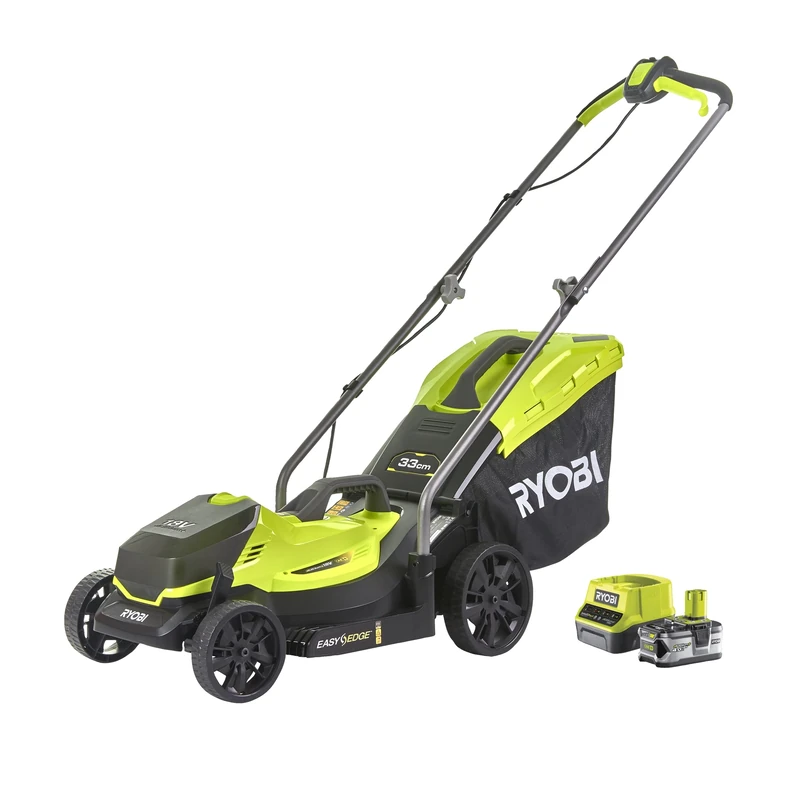 RYOBI 18 V ONE+ Cordless Lawnmower RLM18X33B40 (Cutting Width 33 cm, 5-Way Height Adjustment 25-65 mm, Folding Handle Rod, Includes Mulching Wedge, 35 L Grass Collection Bag, 4.0Ah Battery & Charger)