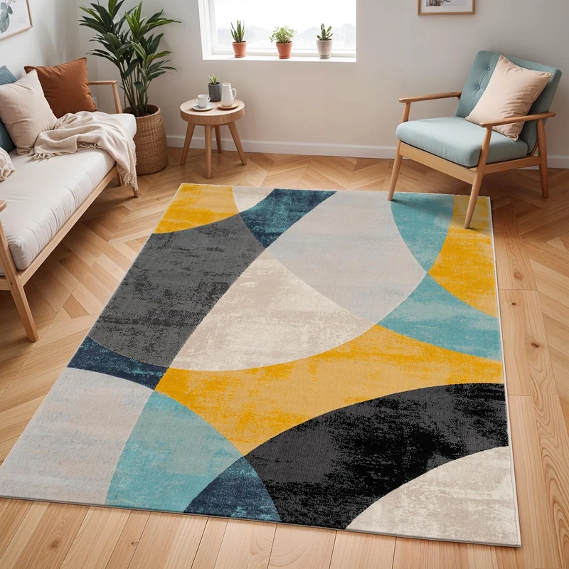 Livabliss Albuquerque Abstract Rug - Area Rugs Living Room 160x220 cm, Dining Room, Lounge, Kitchen, Bedroom - Modern Marble Large Rug, Soft Luxurious Easy Care Medium Pile, Aqua, Grey, Mustard