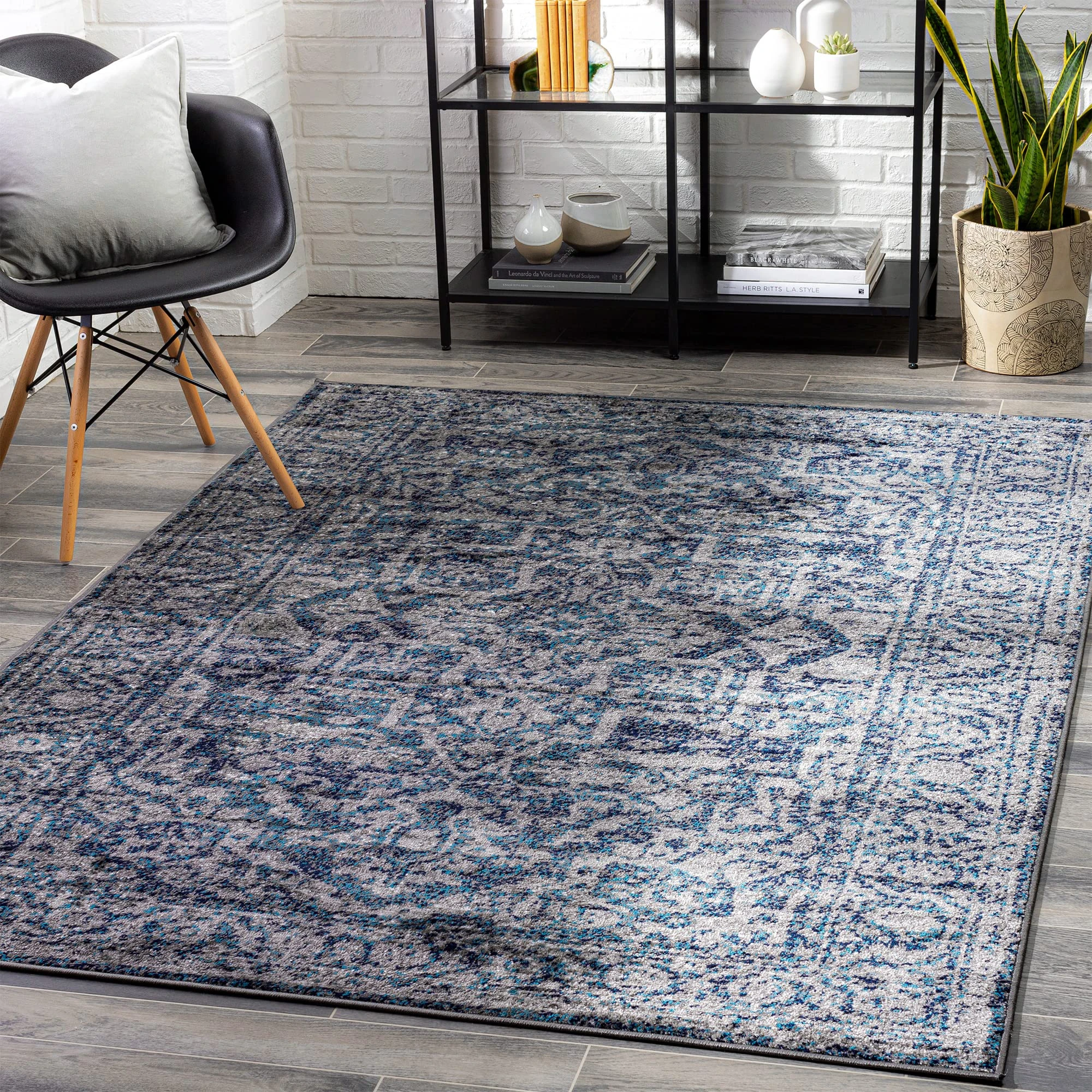 Livabliss Pasadena Vintage Rug - Area Rugs Living Room 160x220 cm, Dining Floor, Kitchen, Traditional Multicoloured Boho Style, Easy Care Pile, Bohemian Large Rug, Blue and Grey