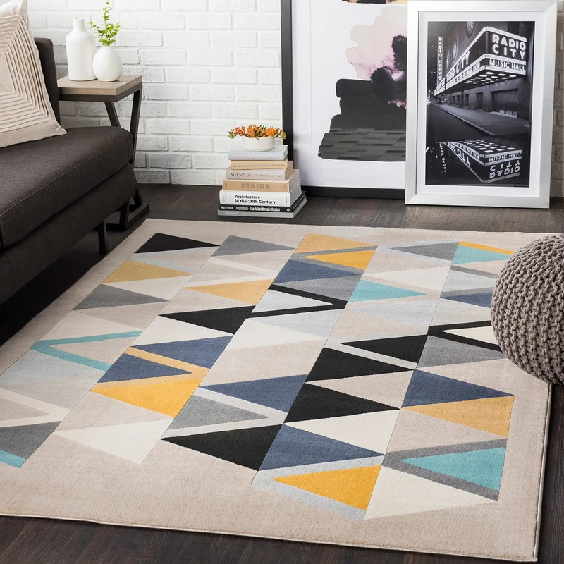 Livabliss Marietta Geometric Rug - Scandi Area Rugs Living Room 160x220 cm, Dining, Kitchen - Neutral, Abstract Patterned Rugs, Boho Style, Easy Care Pile - Large Rug, Beige, Yellow, Blue