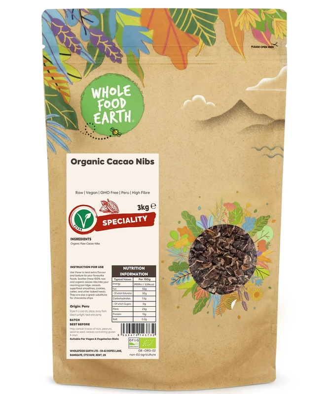 Wholefood Earth Organic Cacao Nibs 3kg Raw | Vegan | GMO Free | Peru | High Fibre | Certified Organic