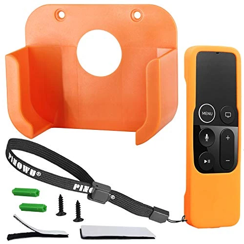 Pinowu TV Wall Mount Compatible with 4th Generation Apple TV - Bracket Holder with Remote Cover Case for Apple TV 4th / 4K Gen (Orange)